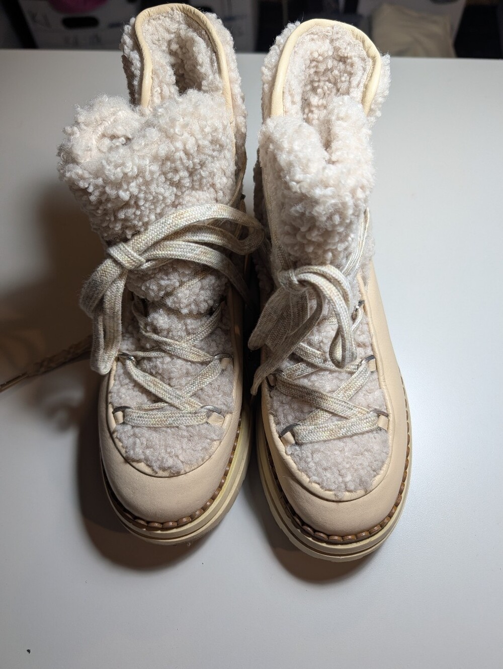 Sam Edelman Orelia Cozy Faux-Shearling Lace-Up Boots in Cream Size 6.5
